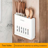A white cutlery organizer holding wooden chopsticks and forks, designed for no-drilling installation.