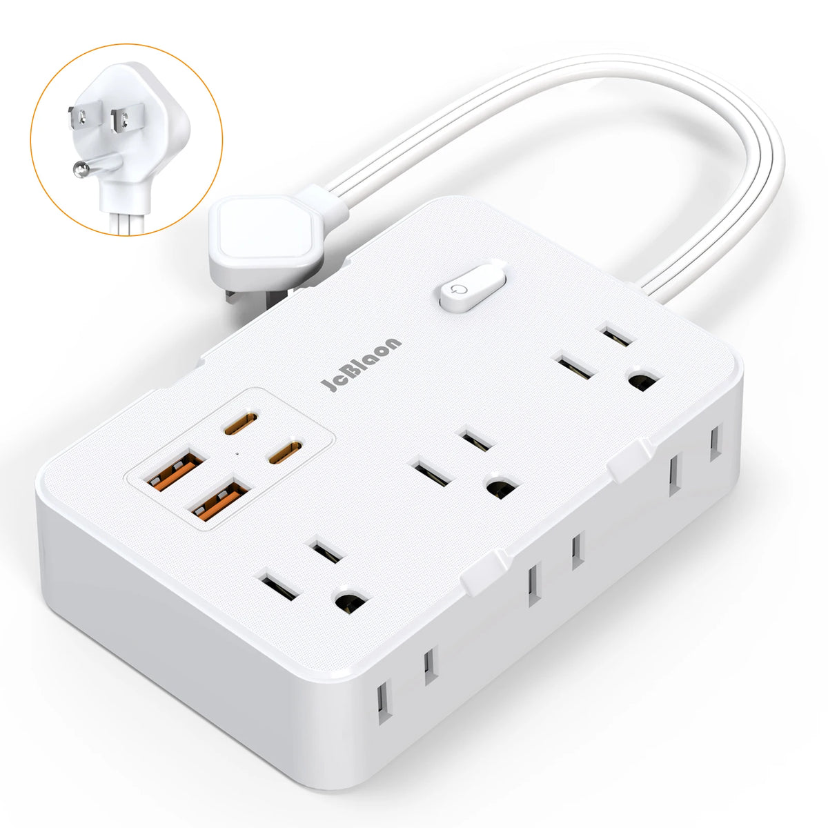 A white icBloon power strip with multiple outlets and an extension cable is shown, along with an inset of the plug.