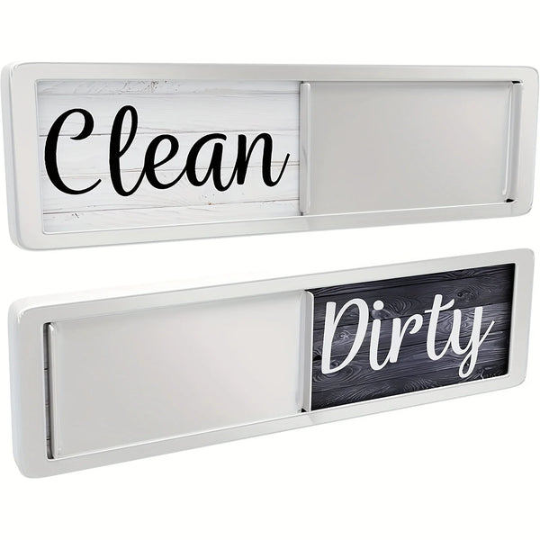 Deux indicateurs magnétiques rectangulaires montrant les mots Clean et Dirty sur des fonds blancs et sombres.
