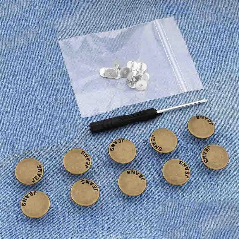 A clear plastic bag contains a kit of instant no-sew snap buttons and a tool for fastening loose jeans.