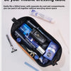 A black toiletry bag is shown open, containing various men's grooming products like shaving cream and toiletries.