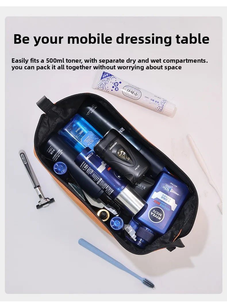 A black toiletry bag is shown open, containing various men's grooming products like shaving cream and toiletries.
