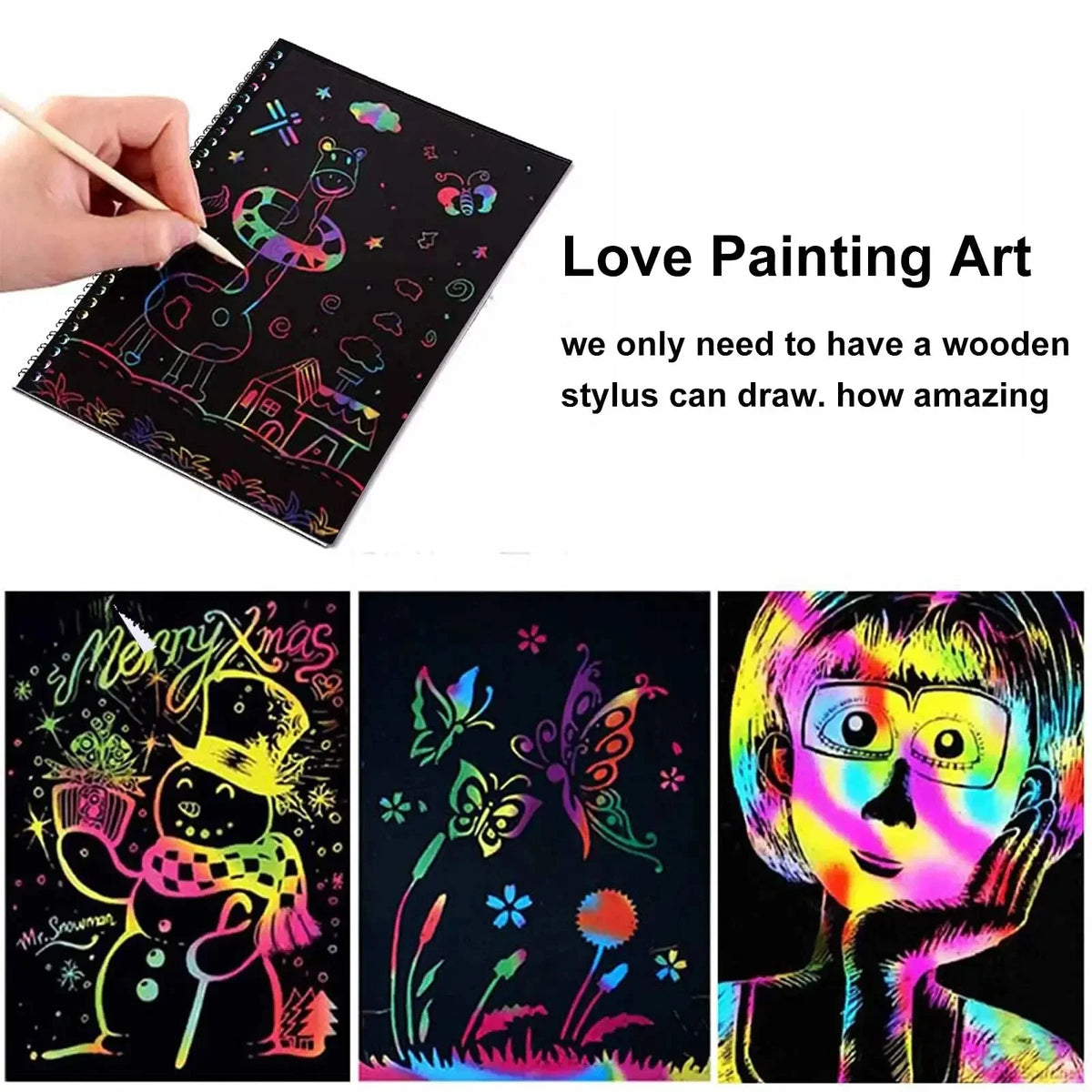 Un carnet d'art noir montre des dessins colorés réalisés avec un stylet en bois, illustrant l'art de la peinture d'amour.