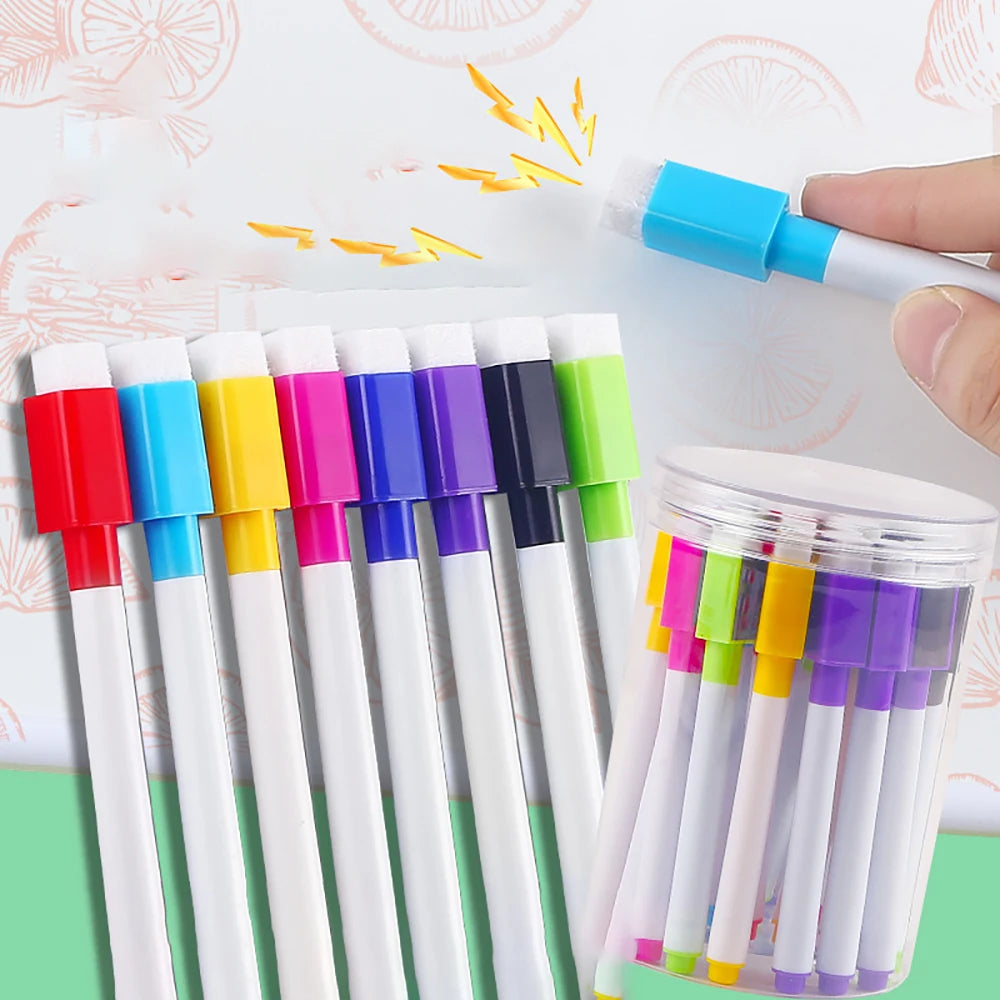An assortment of eight fine tip whiteboard markers in various colors are shown being used on a white surface.