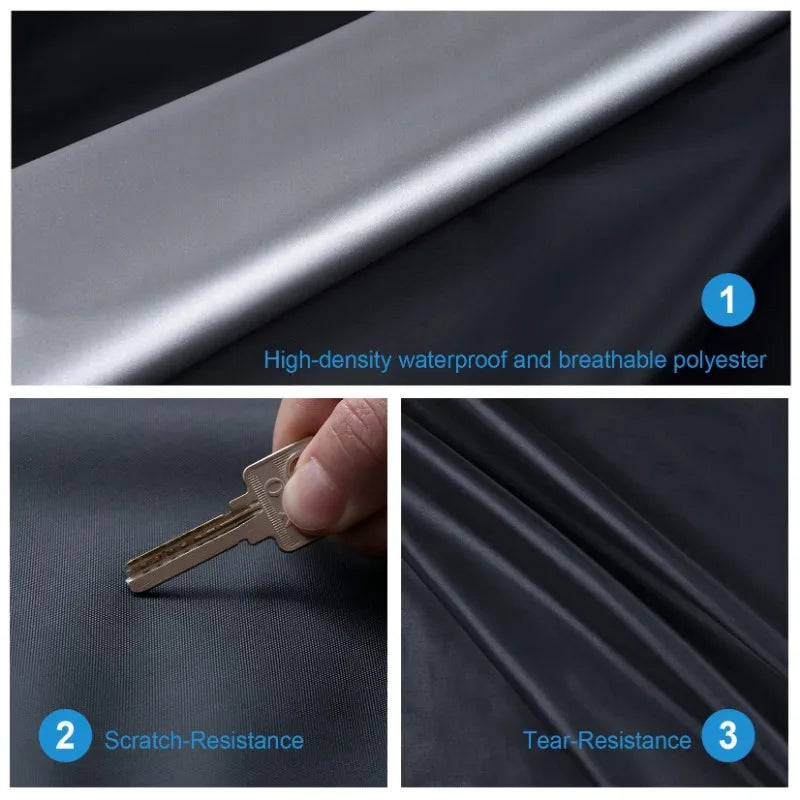 Three panels showing a high-density waterproof and breathable polyester car cover with scratch and tear resistance.