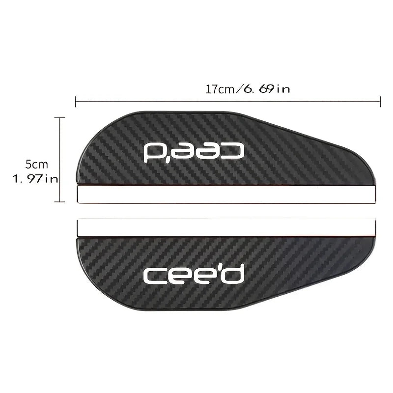 Matte black carbon fiber rain guard for car rearview mirrors, measuring 17cm long.