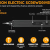 A black precision electric screwdriver with five torque modes and battery information displayed on the body.