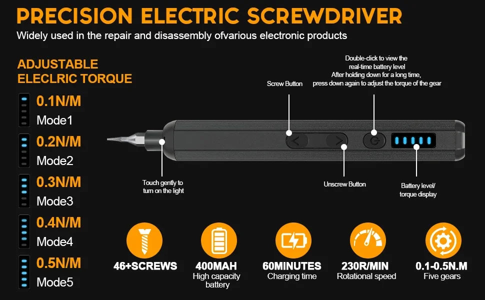 A black precision electric screwdriver with five torque modes and battery information displayed on the body.
