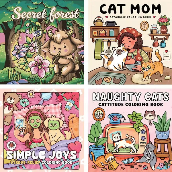 A collage of three coloring books featuring Secret Forest, Cat Mom, and Naughty Cats themes.