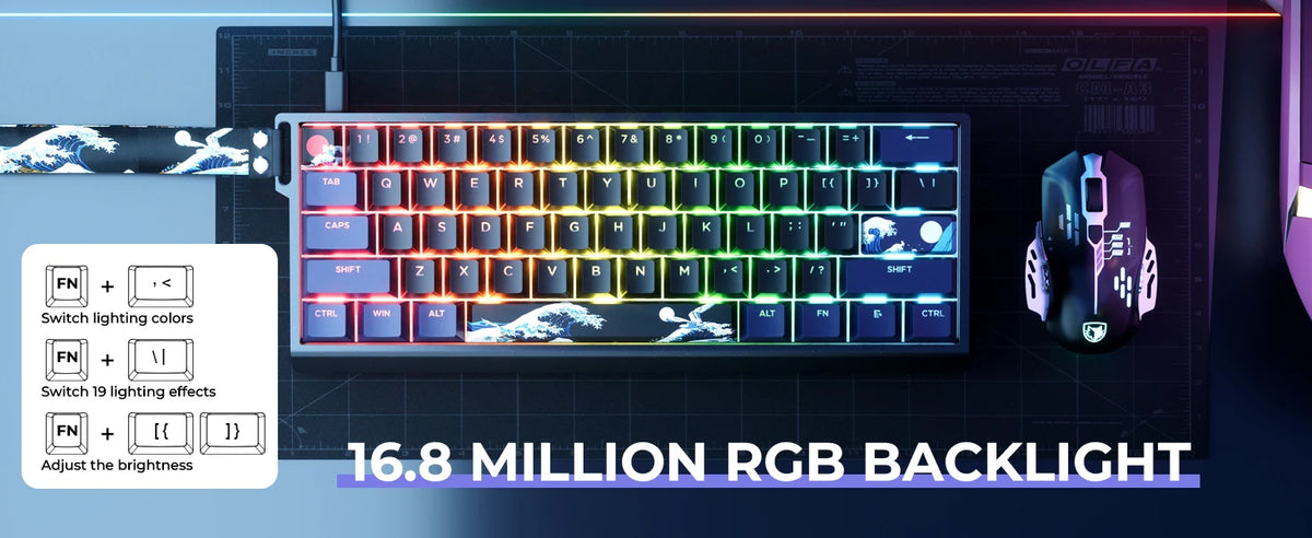 A close-up of a compact mechanical keyboard with custom art keycaps and vibrant RGB backlight on a dark surface.