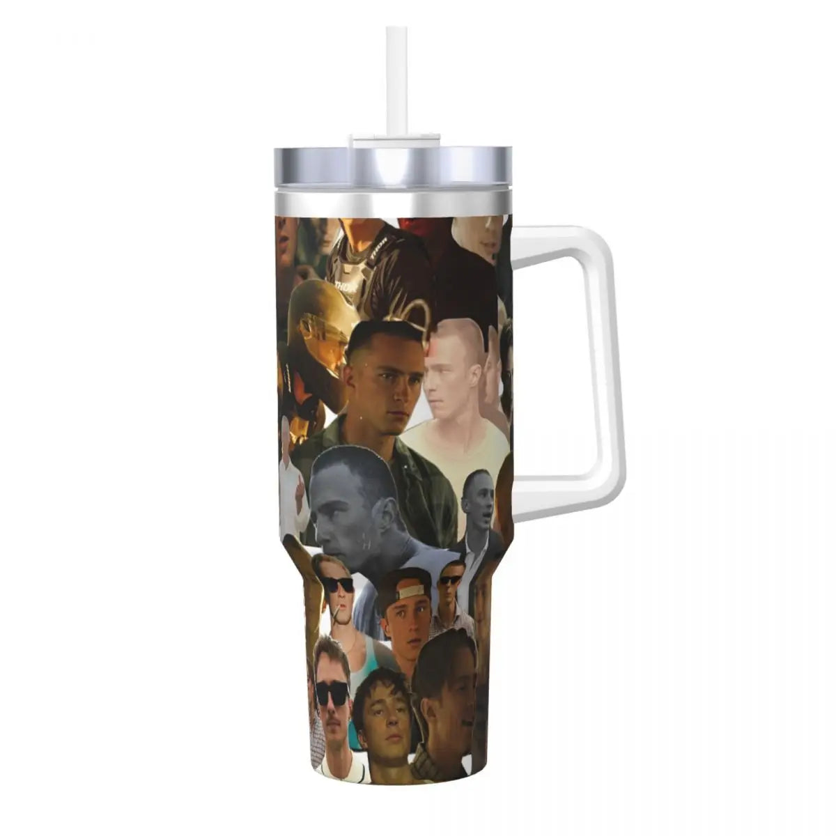 A silver insulated stainless steel tumbler with a clear lid featuring a collage of men's faces.