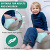 A child sits on a toilet using a light blue disposable seat cover, emphasizing protection and comfort.