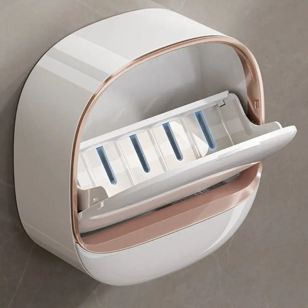 A white wall mounted waterproof soap dish with a drainage tray is shown from the side.