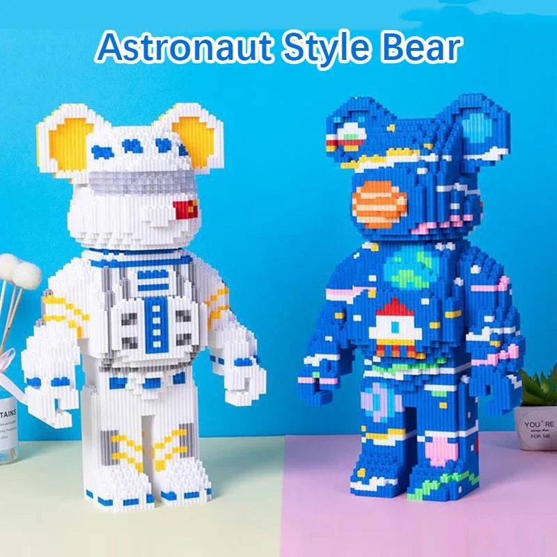 A white and blue Astronaut Style Bear built from LEGO bricks.