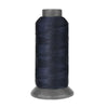 A spool of dark navy blue heavy-duty nylon sewing thread for upholstery and denim.