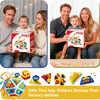 A family is shown interacting with a 22-in-1 toddler busy board activity cube and related sensory toys.