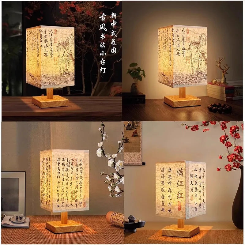 A set of Chinese style dimmable table lamps with linen shades displayed on a wooden surface.