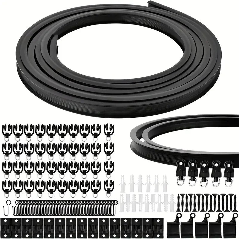 Black flexible bendable curtain track system components including rings, rods, and mounting brackets