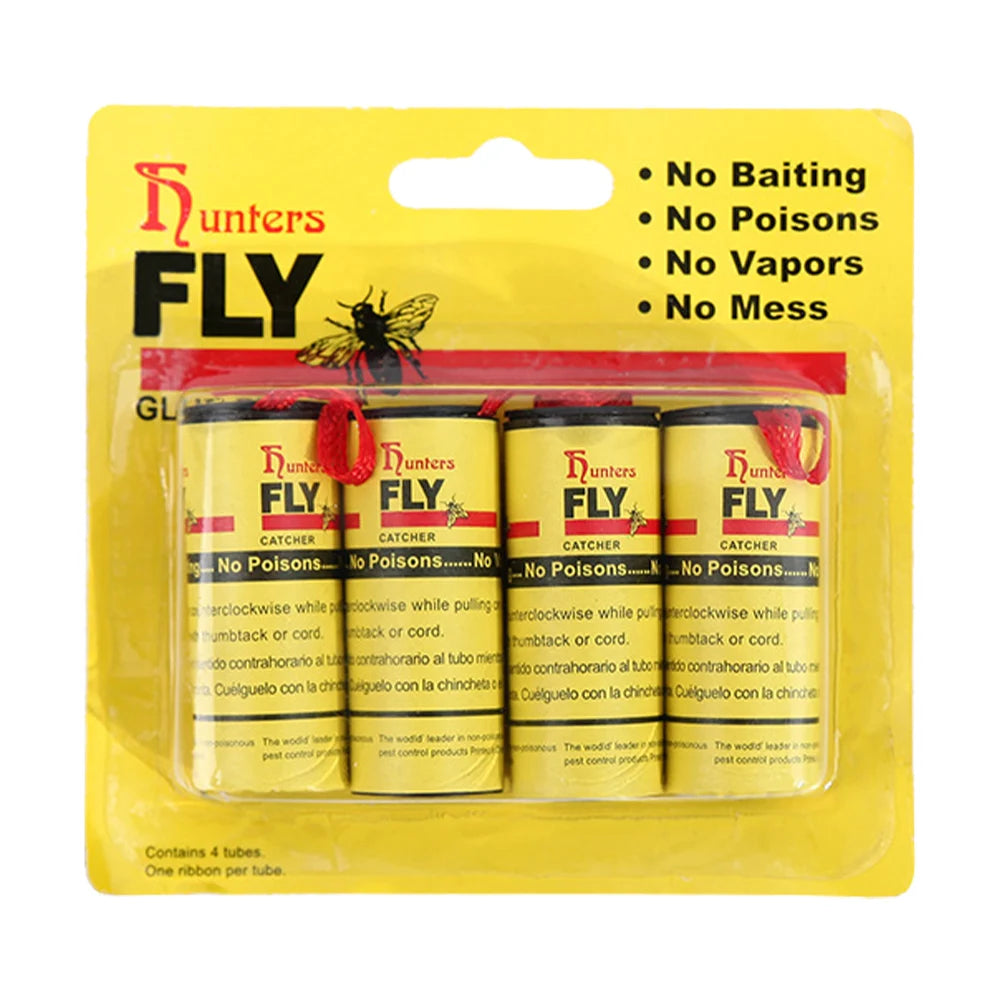 A yellow package containing four disposable sticky fly traps labeled Hunters FLY
