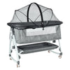A gray mosquito net cover for a baby bassinet or crib, shown on a portable stand.
