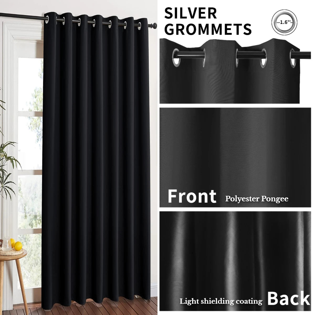 Black polyester pongee blackout curtain panels with silver grommets for light shielding