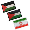 Three embroidered flag patches featuring red, white, and green triangles and a red emblem on black fabric.