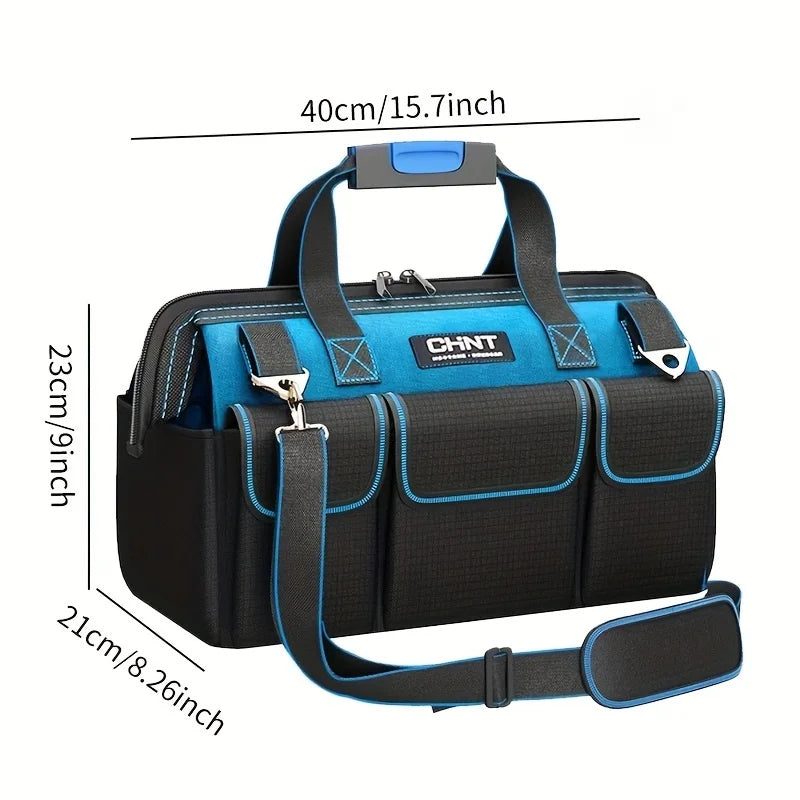 A black heavy-duty waterproof tool bag with blue accents and multiple pockets shown from the top.