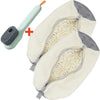 A pair of beige shoe washing machine bags with gray accents and a soft cleaning brush.