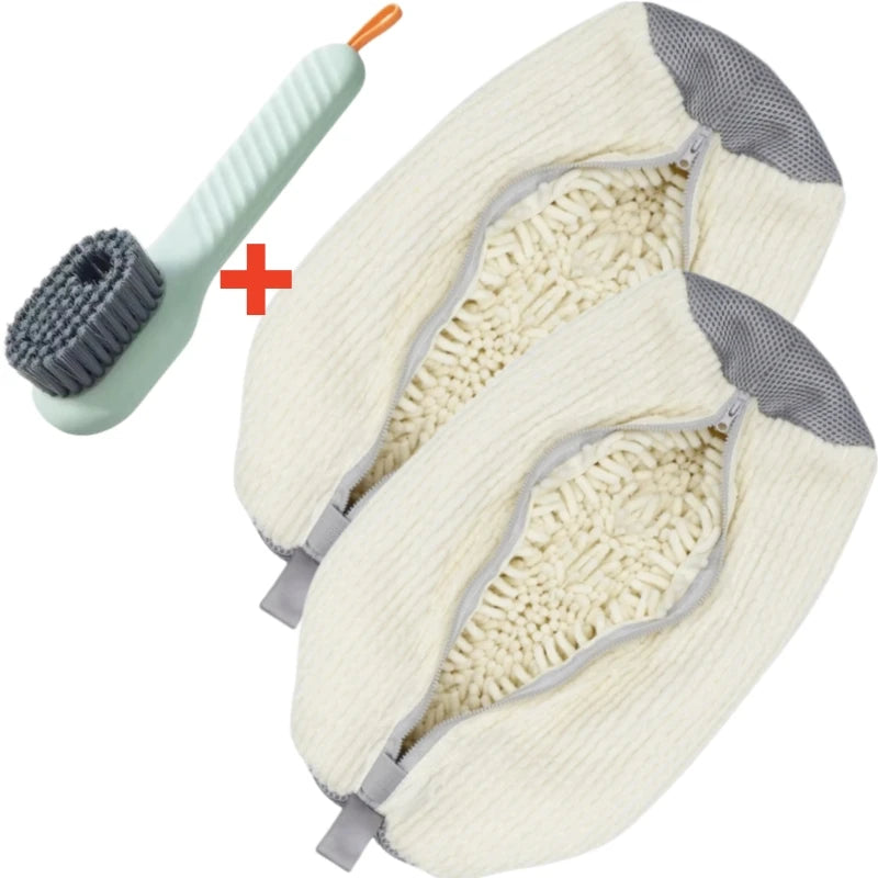 A pair of beige shoe washing machine bags with gray accents and a soft cleaning brush.