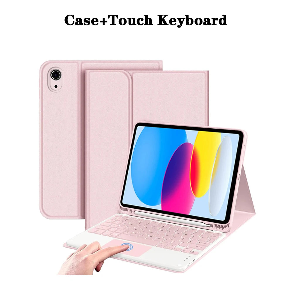 A pink case holding a tablet and a detachable wireless keyboard for an iPad.