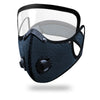 A dark blue reusable cycling face mask with a clear shield and removable components.