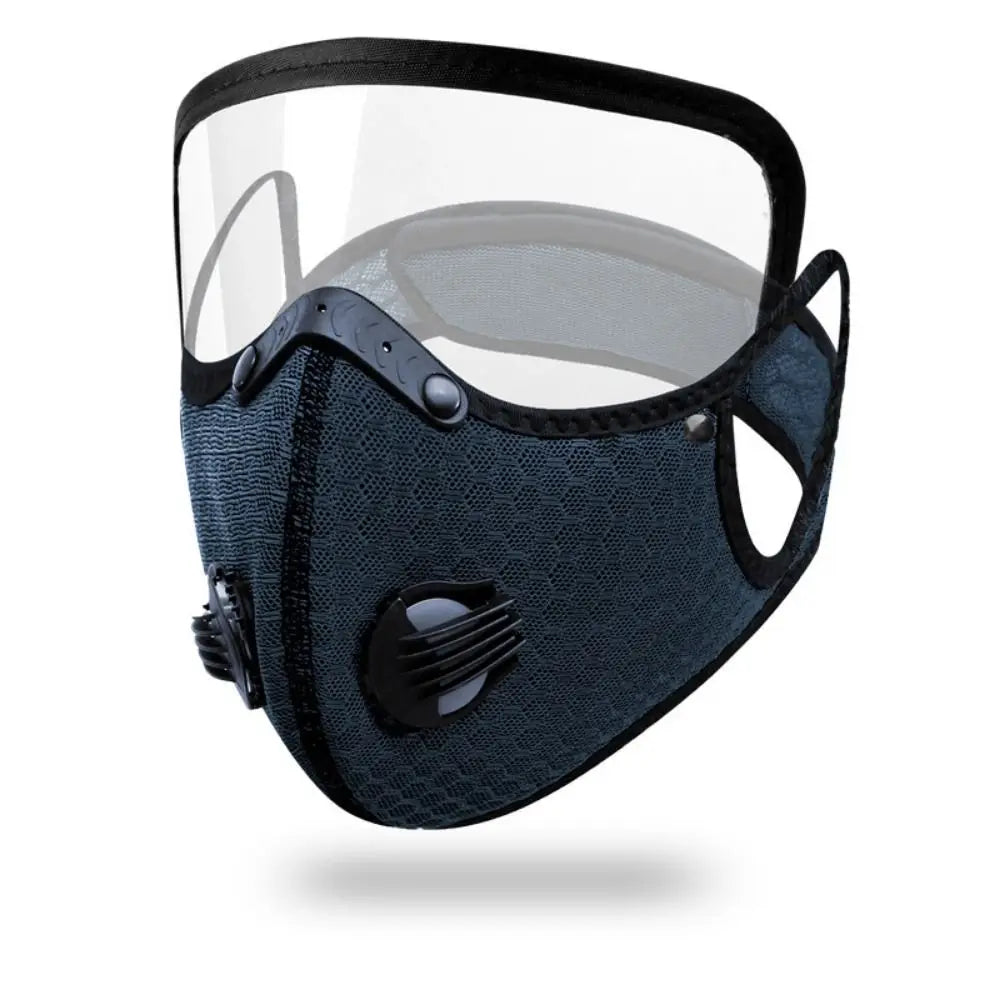 A dark blue reusable cycling face mask with a clear shield and removable components.