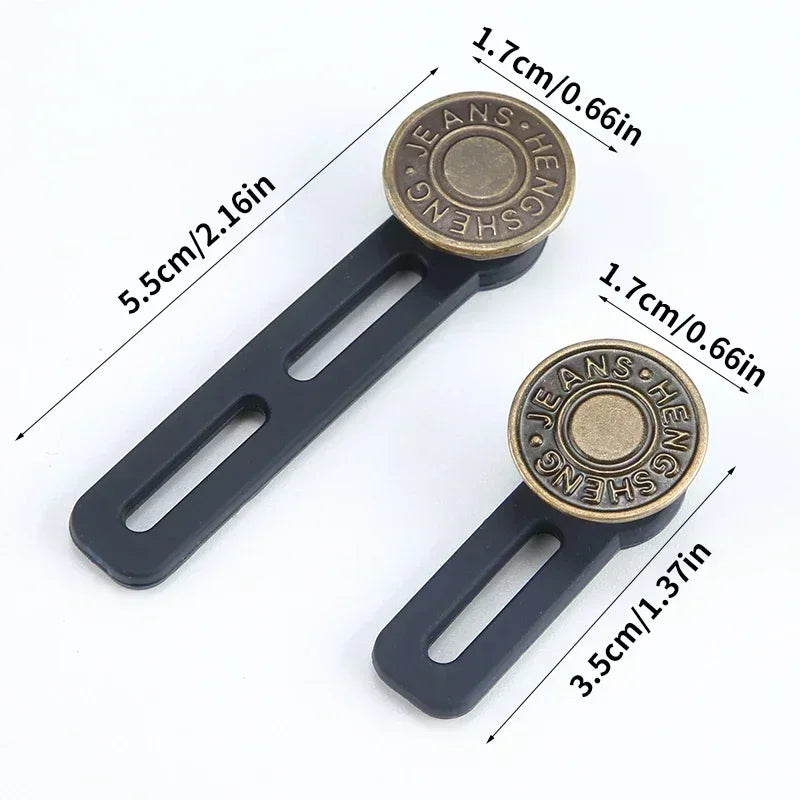 A set of six black and gold no-sew button waist extenders with various sizes shown against a white background.