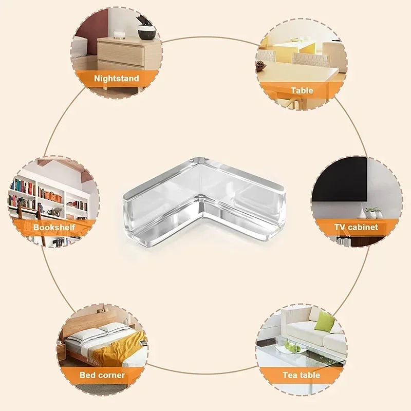 Silicone corner edge guards for baby safety shown in various contexts including nightstand, bookshelf, TV cabinet, bed corner