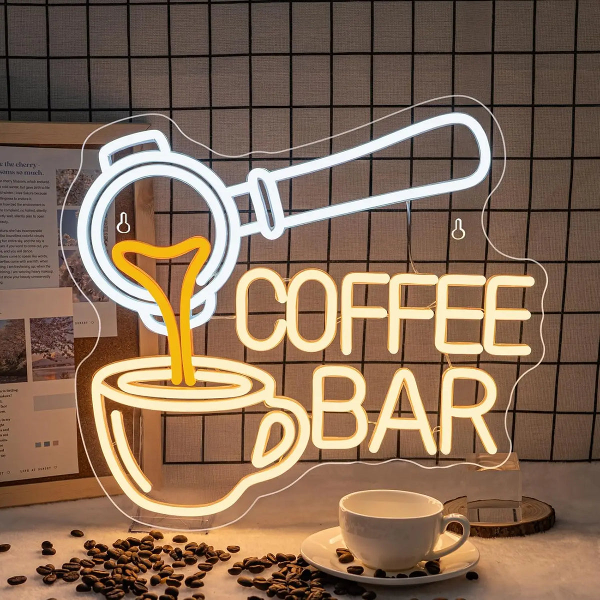 A neon sign shaped like a coffee pot and a coffee bar text on a wooden surface with coffee beans.