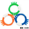 Three plastic rings in green, orange, and blue with spikes and textured surfaces for water sports play