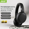 Black Acer wireless headphones shown on a gray surface with text highlighting features like lightweight design and battery li