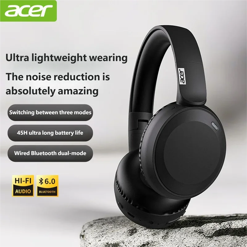 Black Acer wireless headphones shown on a gray surface with text highlighting features like lightweight design and battery li