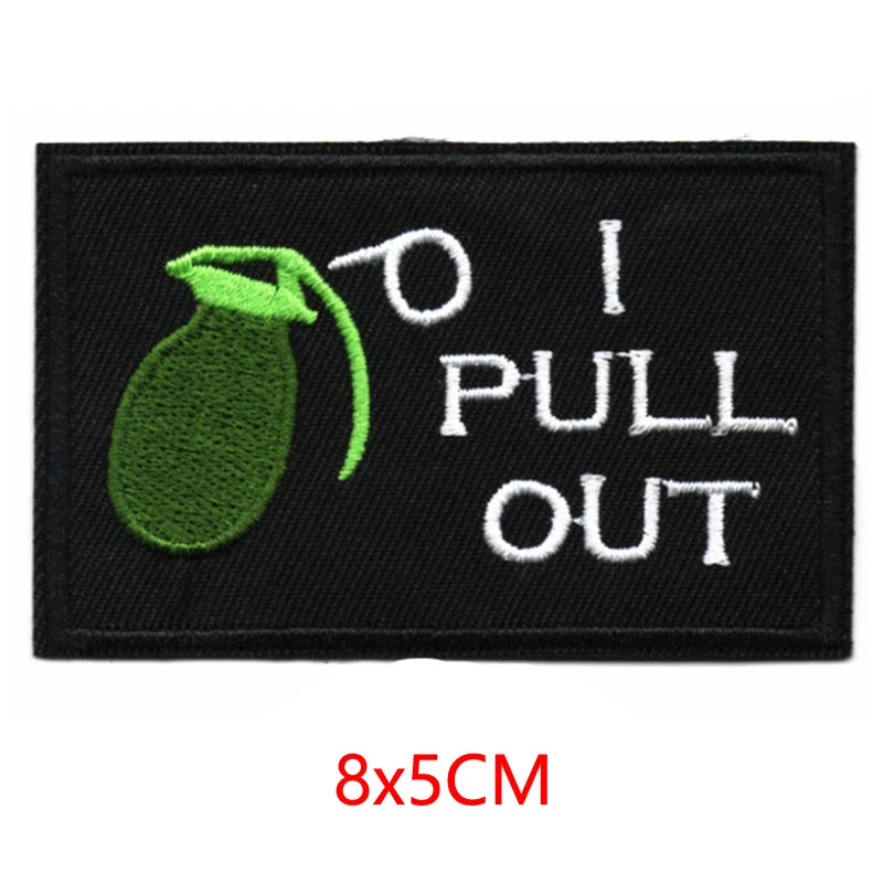 Black embroidered iron-on letter patch featuring a green bottle and the text I PULL OUT