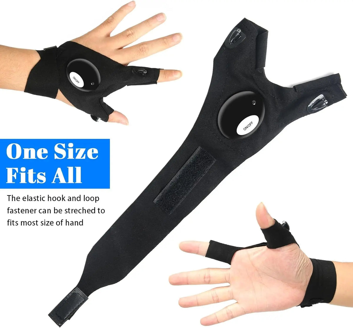 Black waterproof LED half-finger gloves shown being worn on a hand.