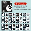A set of black and white visual cards for baby stimulation, including 20 cards and 40 sides.