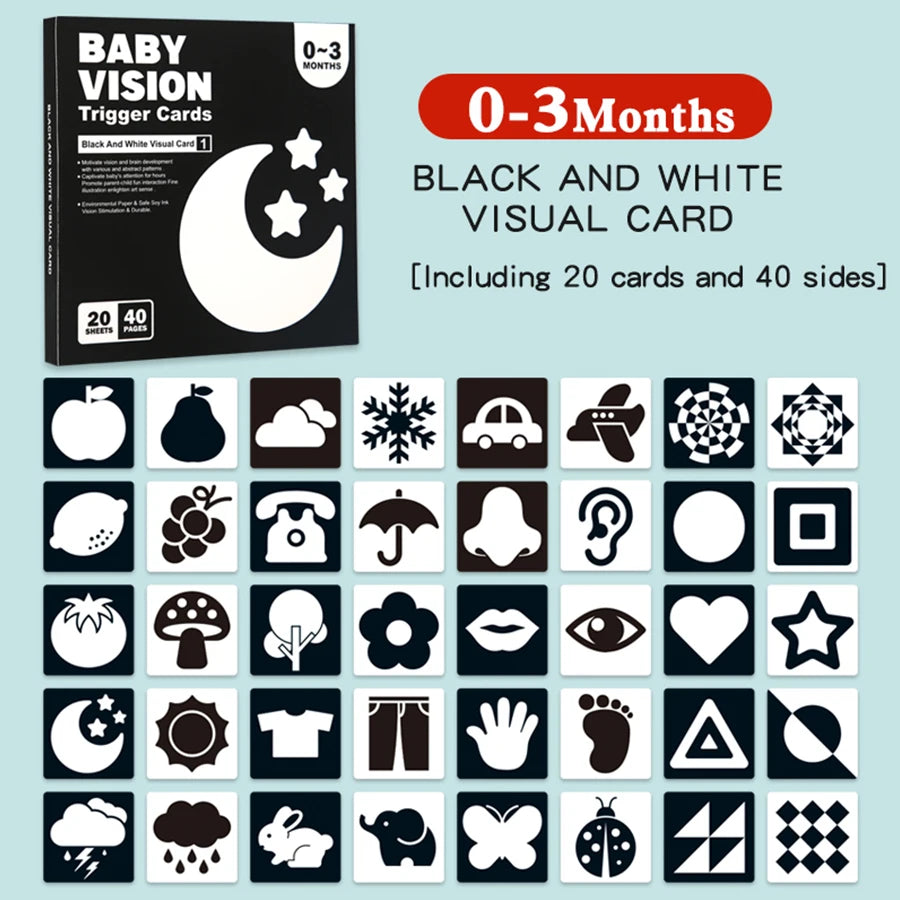 A set of black and white visual cards for baby stimulation, including 20 cards and 40 sides.