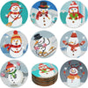 Eight diamond art coasters featuring winter and holiday themes on wooden bases