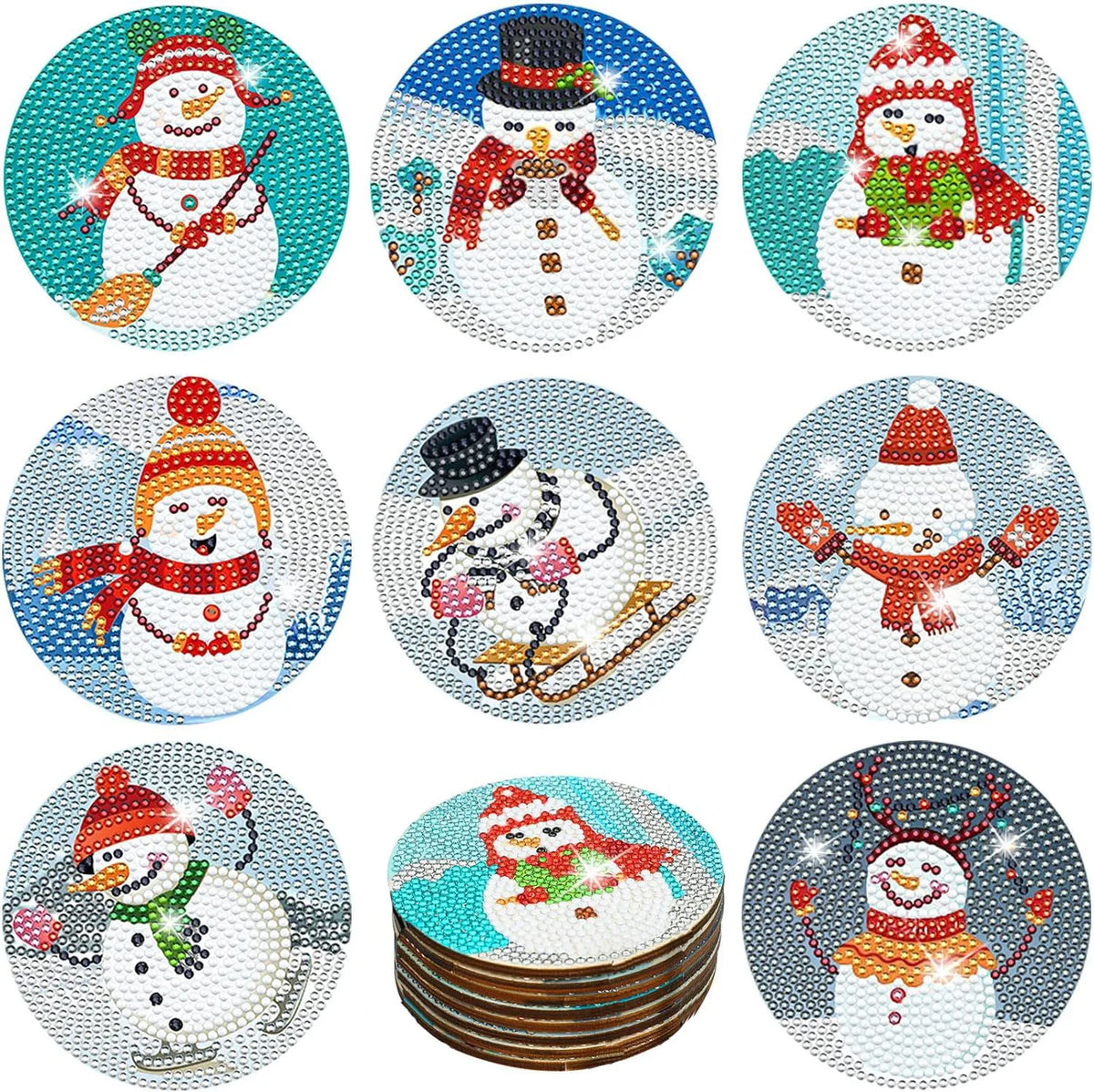 Eight diamond art coasters featuring winter and holiday themes on wooden bases