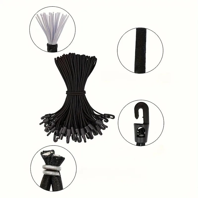 A set of heavy-duty black elastic tie-down straps and hooks shown in various views.
