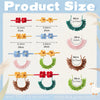 Product size chart showing various sizes of a mini desk goose outfit set including hat, dress, and bag.