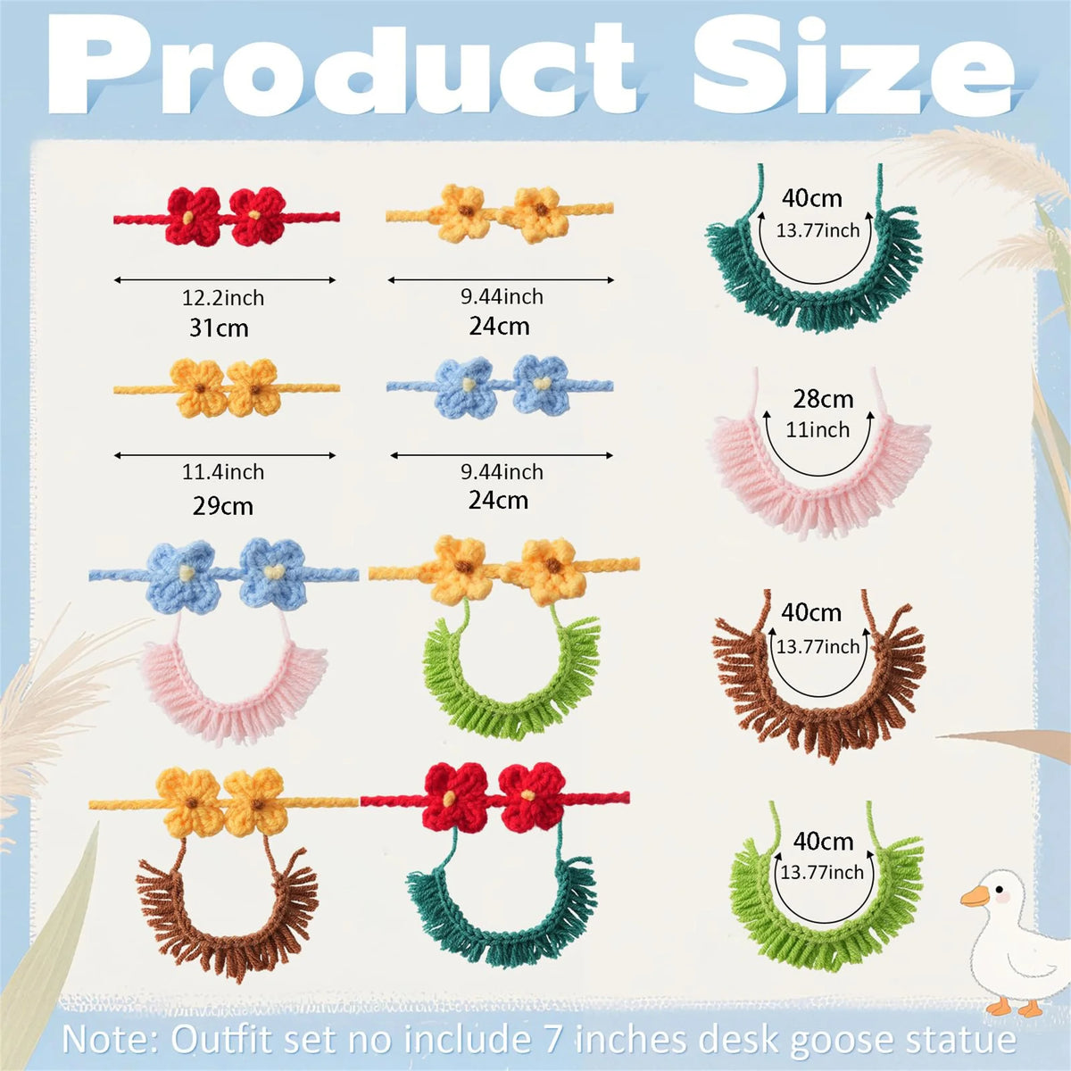 Product size chart showing various sizes of a mini desk goose outfit set including hat, dress, and bag.
