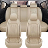 Light beige full coverage PU leather car seat covers shown in a vehicle interior.