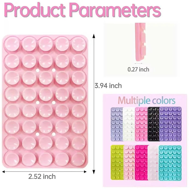 A pink suction cup phone mount with multiple color options is shown alongside its dimensions.