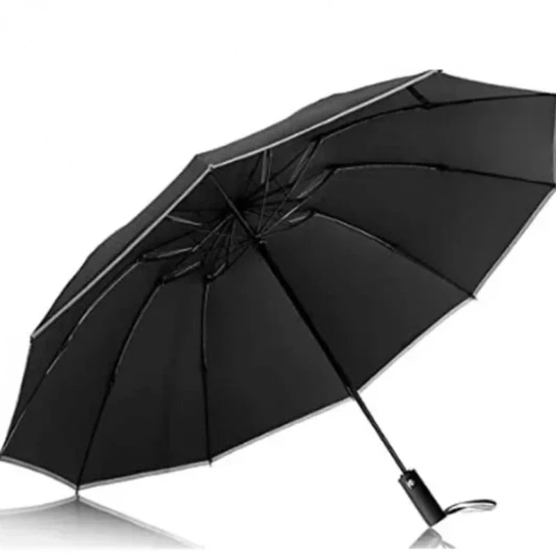 Black fully automatic reverse-folding windproof umbrella with UV protection open and angled.